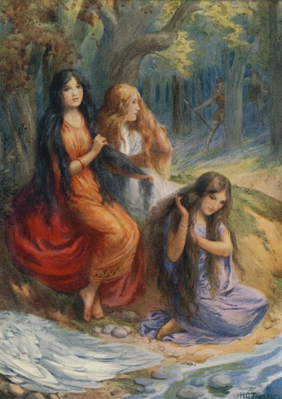 Hladgrun, Olrun ja Alvit, elokuvasta "Wayland the Smith" (värilitografia). tekijältä Harry George Theaker