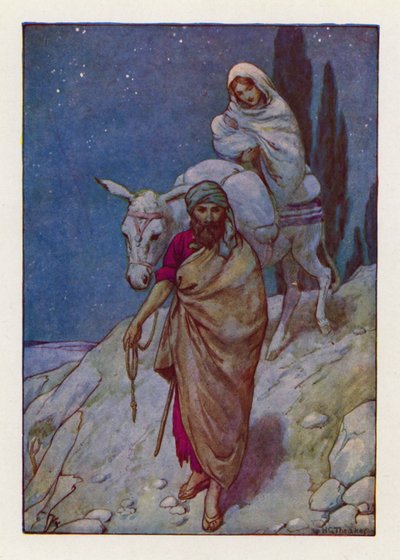 Joosef nousi, otti lapsen ja hänen äitinsä yöllä ja lähti Egyptiin (väriliitoskuva). tekijältä Harry George Theaker