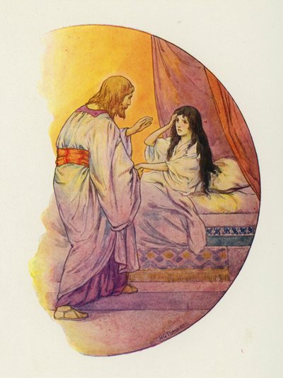 "Pieni tyttö", hän sanoi, "nouse ylös!" (värilitografia) tekijältä Harry George Theaker