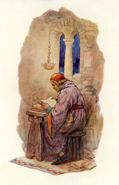 Merlin-lukema (värillinen litografia) tekijältä Harry George Theaker