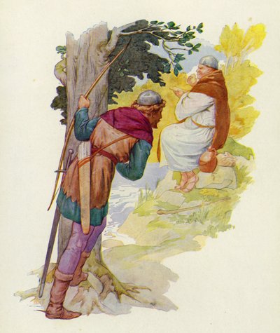 Kylän vieressä olevalla pienellä kumpareella valtava mies pureskeli suurta hirvenlihapastillia (väriliitokuva). tekijältä Harry George Theaker