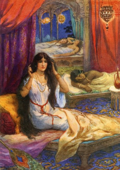 "Pabhavati herätti alkunsa" (värilitografia) tekijältä Harry George Theaker