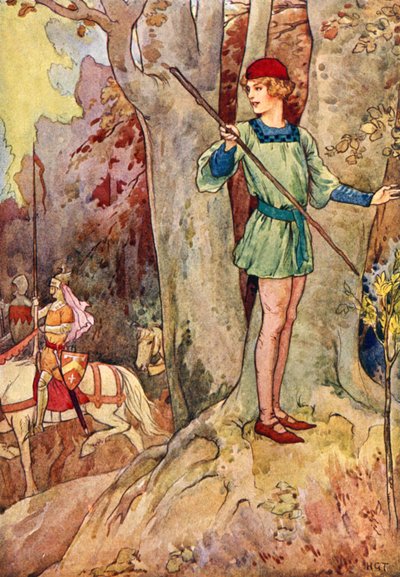 Perceval näkee kolme pyöreän pöydän ritaria (värilitografia). tekijältä Harry George Theaker