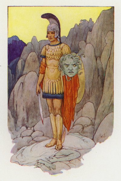 Perseus ja Gorgon pää (värilitografia) tekijältä Harry George Theaker