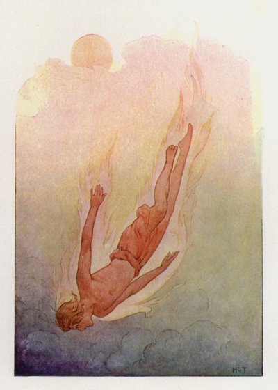 Phaeton hiuksensa liekeissä, putoamassa syvään viileään jokeen (värilitografia). tekijältä Harry George Theaker