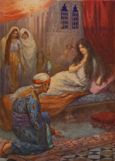 Prinssi Feroze-Shah herättää kauniin prinsessan (värilitografia). tekijältä Harry George Theaker