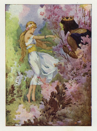 Proserpine tanssii liljojen keskellä suuren kuninkaan katselemana (värilitografia). tekijältä Harry George Theaker