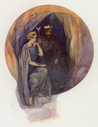 Proserpine istuu pitkiin mustiin kaapuihin pukeutuneena suurella mustalla valtaistuimella, ja hänen vieressään istuu hurja musta kuningas (värilitografia). tekijältä Harry George Theaker