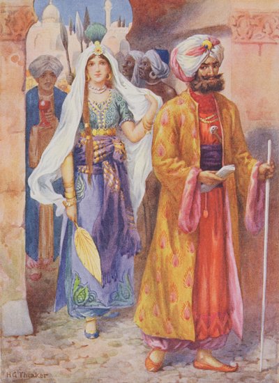 Sinbad tuo lahjoja kalifille, kuvitus kirjasta 