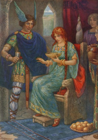 Skyrnir ja Gerda, elokuvasta "Frey ja Gerda" (värilitografia) tekijältä Harry George Theaker