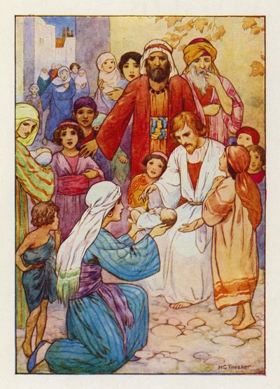 "Sallikaa lasten tulla minun luokseni" (värilitografia) tekijältä Harry George Theaker