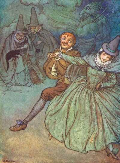 Noitien hupailu (värilitografia) tekijältä Harry George Theaker