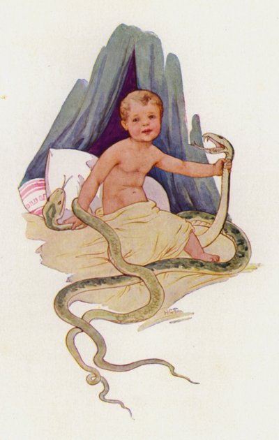Herkules-vauva kuristaa käärmeitä (värilitografia). tekijältä Harry George Theaker