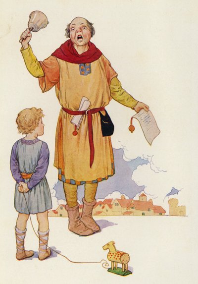 Huutaja julisti uutisen, ja koko kaupunki kuhisi innostuksesta (värilitografia). tekijältä Harry George Theaker