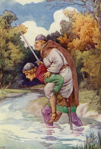 Munkki sai hänet murisemaan suurella painollaan (värilitografia). tekijältä Harry George Theaker