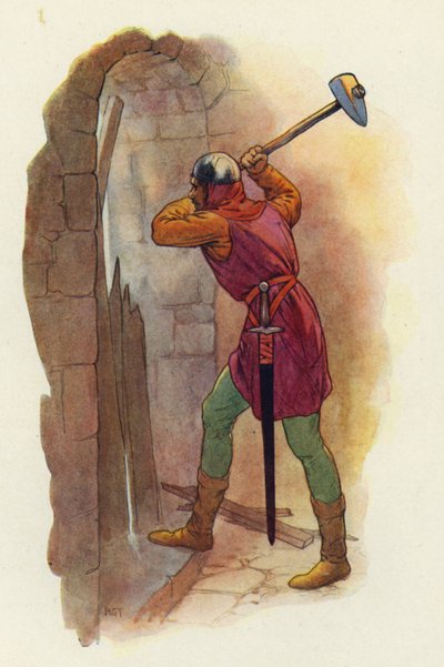 Vasara heilahti jälleen, ja toisella iskuilla se puhkaisi heille tien ulos (värilitografia). tekijältä Harry George Theaker
