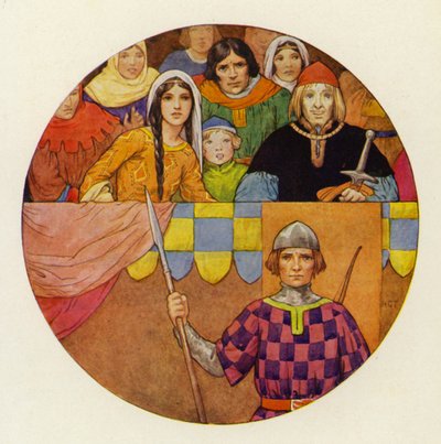Katsomossa oli loistava joukko ritareita ja naisia (värilitografia). tekijältä Harry George Theaker