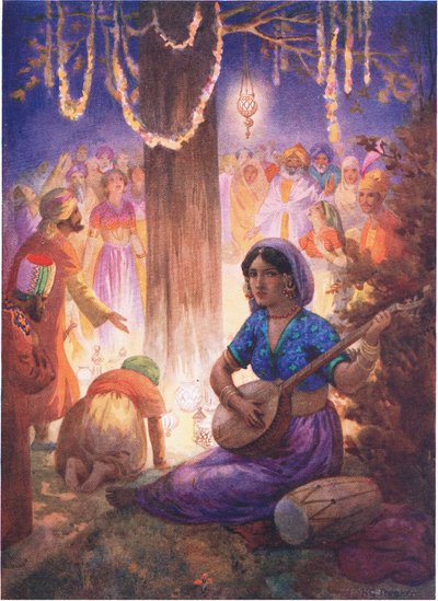 He tulivat seppeleiden, lamppujen ja musiikin kanssa. Kuninkaiden pylväästä, kuvitus teoksesta "Childrens Stories from Indian Legends", noin 1930-luku (värilitro). tekijältä Harry George Theaker