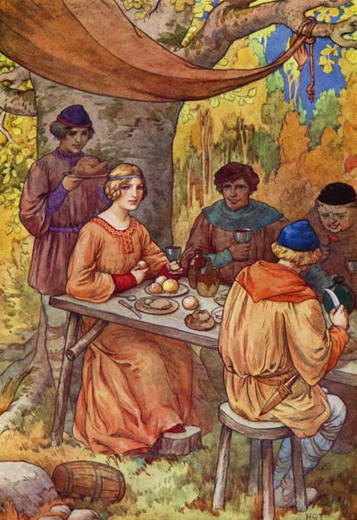 He juhlivat oikein iloisesti, ja Marion koristeli heidän pöytäänsä (värilitografia). tekijältä Harry George Theaker
