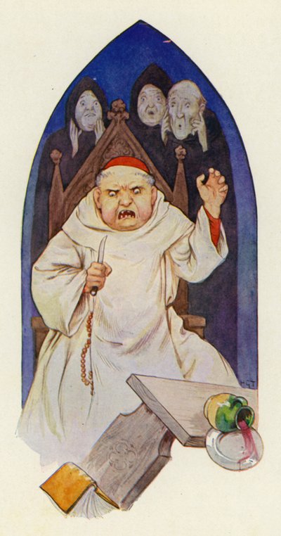 Kerrotaan, että abbedissa Hugo raivostui raivosta (värilitografia). tekijältä Harry George Theaker