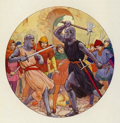 Kolme kertaa Isambart ponnisti, ja kolme kertaa ponnistus meni leveäksi (värilitografia). tekijältä Harry George Theaker