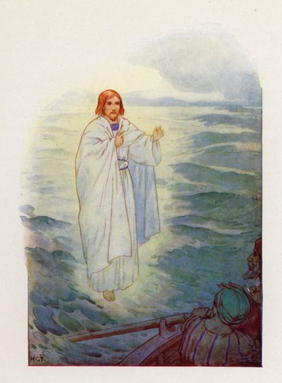 Kalastajat näkivät Jeesuksen hahmon kävelemässä myrskyävällä merellä (värilitografia). tekijältä Harry George Theaker