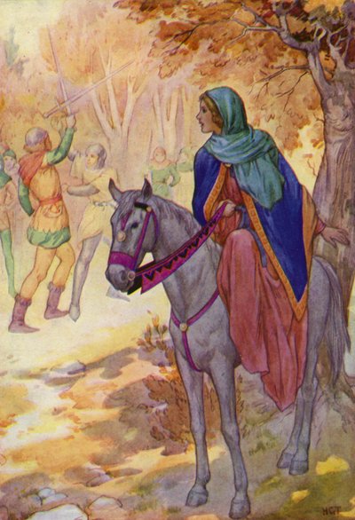 Robin repi Guyn miekan tämän otteesta niin nopeasti, ettei kukaan voinut sanoa, miten se oli tehty (väriliitoskuva). tekijältä Harry George Theaker