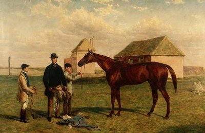 "Thunderbolt", kastanjakilpahevonen omistajansa ja Jockeyn kanssa tekijältä Harry Hall