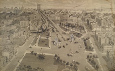 Brooklyn Plaza of the Manhattan Bridge, n. 1917 (Intian muste ja pesu, jota on kosketettu läpinäkymättömällä valkoisella) tekijältä Harry M. Pettit