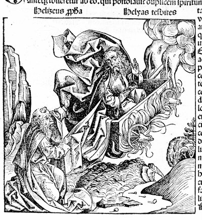 Elia nousee tulivaunuissa ja jättää tilansa Eliselle. Hartmann Schedel: Nürnbergin kronikka. Nürnberg 1497 tekijältä Hartmann Schedel