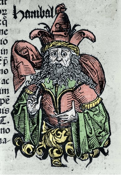 Muotokuva Hannibalista tai Annibal Barcasta (247 eKr. - 183 eKr.), karthagolainen kenraali ja valtiomies. Hartmann Schedelin "" Nürnbergin aikakirjat" -ksylografia tekijältä Hartmann Schedel