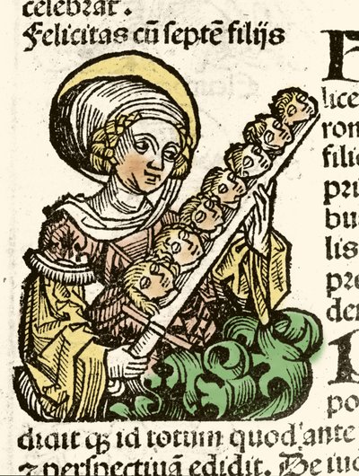 Pyhä Felicite, marttyyrikuolema Roomassa, hänen seitsemän lapsensa pään edustus. Hartmann Schedelin ksylografia "" Nürnbergin aikakirjat""" 1493. tekijältä Hartmann Schedel