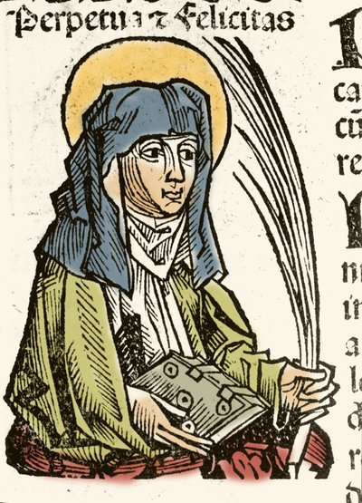 Pyhän Perpetuuksen edustus, marttyyrikuolema Karthagossa. Hartmann Schedelin ksylografia "" Nürnbergin aikakirjat"" 1493. tekijältä Hartmann Schedel