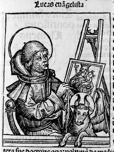 Evankelista Pyhän Luukkaan edustus. Kaiverrus Hartmann Schedelin teoksesta "Liber chronicarum" (Nürnbergin kronikot) 1493 tekijältä Hartmann Schedel
