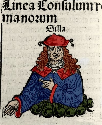 Roomalaisen poliitikon Lucius Cornelius Sullan (tuoli tai Sylla) (138-68 eKr.) esitys Hartmann Schedelin "" Nürnbergin aikakirjat" -ksylografia tekijältä Hartmann Schedel