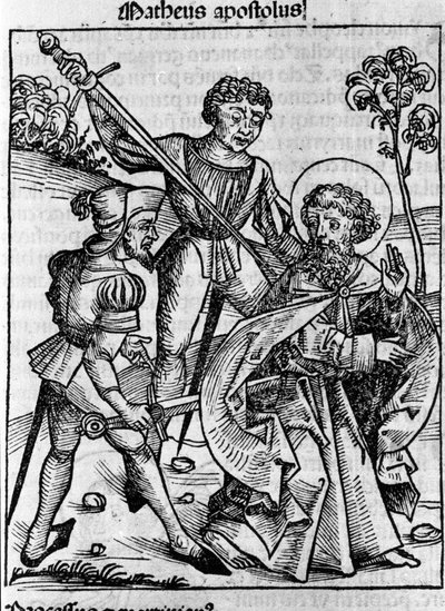 Evankelista Pyhän Matteuksen edustus. Kaiverrus Hartmann Schedelin teoksesta "Liber chronicarum" (Nürnbergin kronikot) 1493 tekijältä Hartmann Schedel