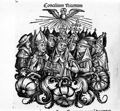 Nizzan kirkolliskokous. Kuva H. Schedelin "" Universal Chronicles of Nuremberg -kirjasta". tekijältä Hartmann Schedel