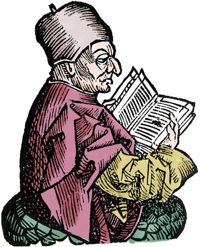 Historioitsija ja teologi Bede Kunnianarvoisa (673-735) (Beda Venerabilis). Hartmann Schedelin "" Nürnbergin aikakirjat" -ksylografia tekijältä Hartmann Schedel