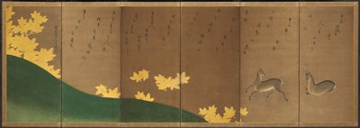 Peura ja vaahterat, n.1605-10 (kuusiruutuinen taittokangas: muste, väri ja kulta paperille). tekijältä Hasagawa & Sodon Tetsuzan (1531 1617) (attr.) Tohaku