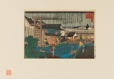 Woodblock print - Sadekohtaus Kita-shinchissä Osakassa. Ihmisiä sateenvarjoineen, 1800-luku tekijältä Hasegawa Sadanobu