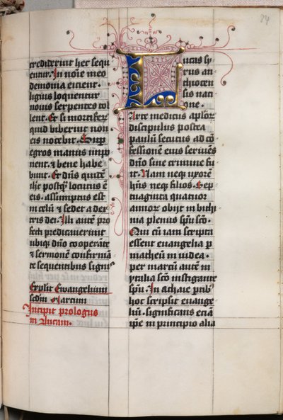 Evankeliumikirja evankelistamuotokuvilla: koristeltu alkukirjain, n. 1480. tekijältä Hausbuch Master