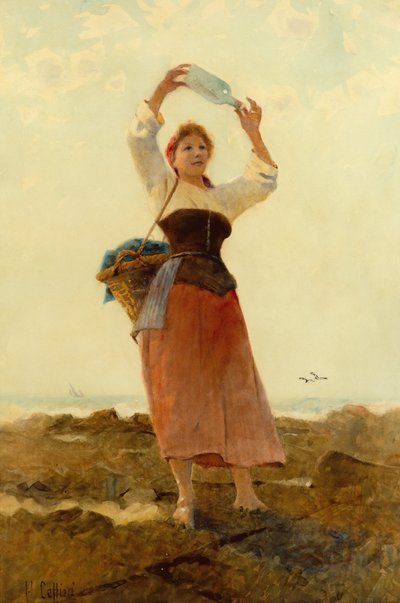 Tyttö pullopostin kanssa (akvarelli) tekijältä Hector Caffieri