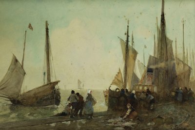 Kalastusveneiden purkaminen laiturilla, Bretagne, tekijältä Hector Caffieri