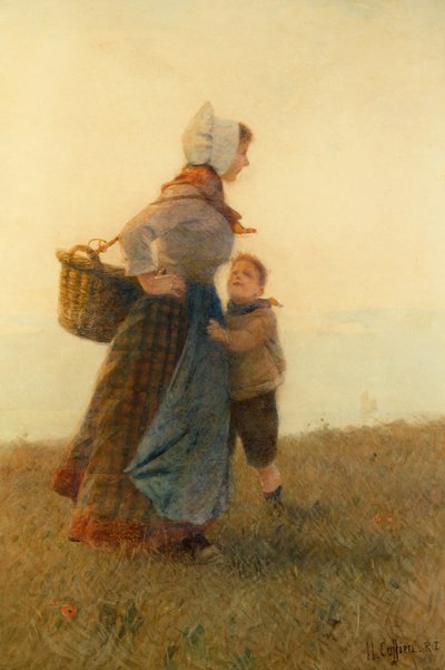 Nainen ja lapsi (akvarelli) tekijältä Hector Caffieri