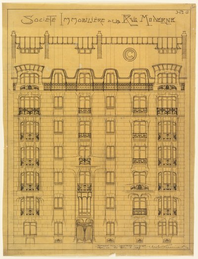 Suunnitelma Societé Immobilière de la Rue Modern, nro 6 -yhtiön julkisivun julkisivuksi. tekijältä Hector Guimard