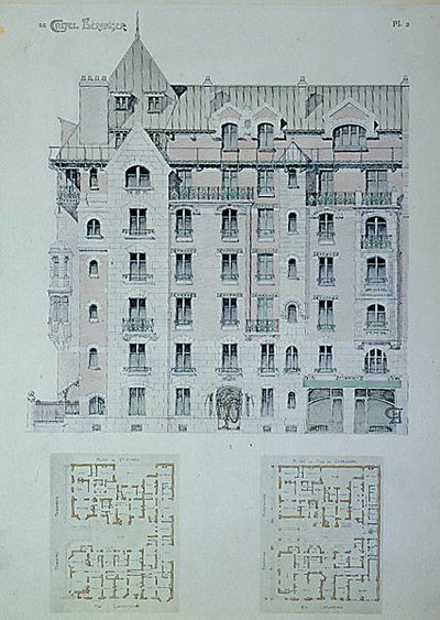 Castel-Berangerin julkisivu ja pohjapiirros, kuvitus Hector Guimardin (1867-1942) kirjasta (värilitho) tekijältä Hector Guimard