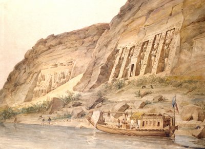 Abu Simbel Niililtä katsottuna. Hector Horeaun (1801-1872), ranskalaisen arkkitehdin akvarelli. Lähin on Hathorin temppeli. Kaukaisimmat ovat Ramses II:n (hallitsi noin 1304-1273 eaa.) patsaat päätemppelin ulkopuolella. Arkeologia Egyptin asuntolaiva tekijältä Hector Horeau