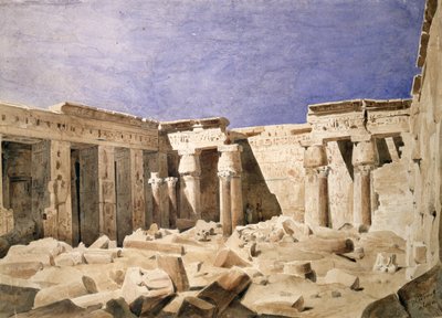 Medinet Habun temppeli". Hector Horeaun (1801-1872), ranskalaisen arkkitehdin akvarelli. Ramses III:n hautajaistemppeli Niilin länsirannalla Luxorissa. tekijältä Hector Horeau