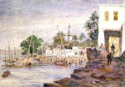Näkymä Assuaniin, Egypti". Hector Horeaun (1801-1872), ranskalaisen arkkitehdin akvarelli. Näkymä Niiliin ja veneisiin rannalta, taustalla minareetti. tekijältä Hector Horeau