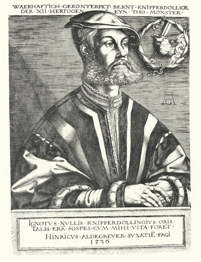 Bernhard Knipperdolling, saksalainen anabaptistijohtaja ja yksi Munsterin kapinan johtajista vuosina 1534-1535 (kaiverrus) tekijältä Heinrich (after) Aldegrever